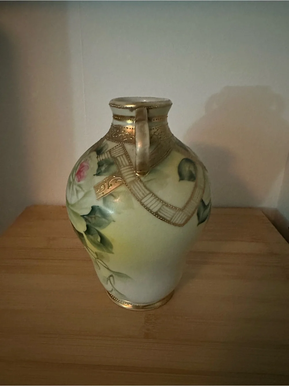 Hand-Painted Floral Ceramic Vase with Gold Trim - Cream, Green and Pink (AS-IS)